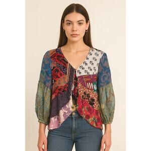 Womens Halter Tie Top Medium Mix Print Colorful Patchwork Y2K Boho Festival VTG